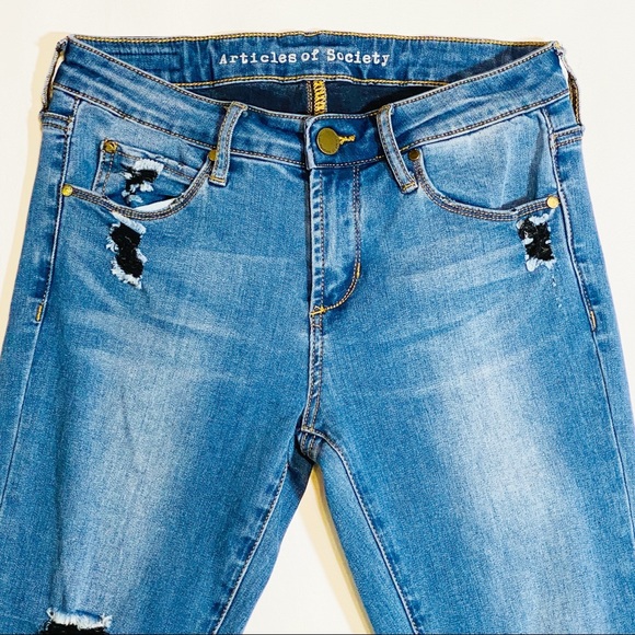 Articles Of Society Sarah Skinny Raw Hem Jeans Womens 25 Blue Distressed Stretch - Picture 5 of 11